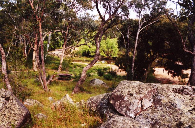 Wooldridge Reserve Camping areaPicnic tables on the edge of Rocky River near Uralla